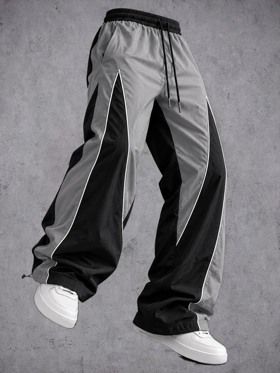 Manfinity Denimwave Men's Loose Wide Leg Color Block Pants, Drawstring Elastic Waist Athletic Trousers, All Season Casual Streetwear Fashion Pants For Daily Outdoor - Black - View 1