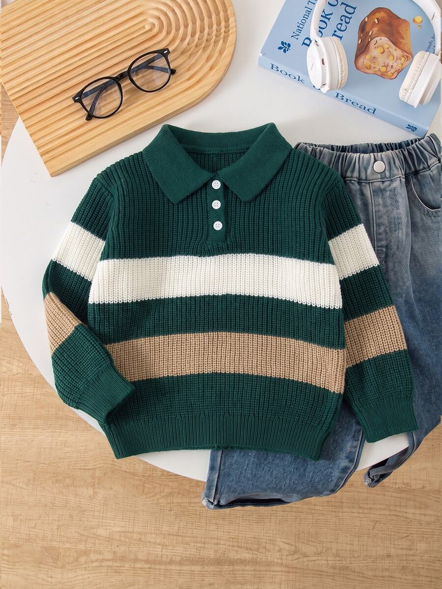 Genkimix Kids Baby Boy Autumn/Winter Fashion Striped Color Block Half-Button Knit Sweater Long Sleeve Shirt - Dark Green - View 1