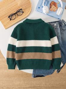 Genkimix Kids Baby Boy Autumn/Winter Fashion Striped Color Block Half-Button Knit Sweater Long Sleeve Shirt - Dark Green - View 2