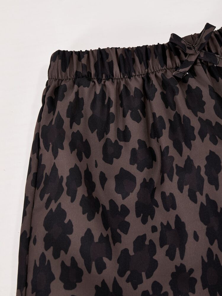 Casuvi Kids 1pc Girls Brown Henley Collar Long Sleeve Leopard Print Wide Leg Pants 2 Pieces Set, Slim Fit Button Top Loose Wide Leg Pants Outfit For School, Commute, Recess, Campus Wear, Slim Top Not Bulky, Wide Leg Pants Comfortable For Movement, Early Autumn Single Wear, Late Autumn Layering, Versatile With Baseball Cap / Chunky Sneakers, Slouchy Outfit - Brown - View 8