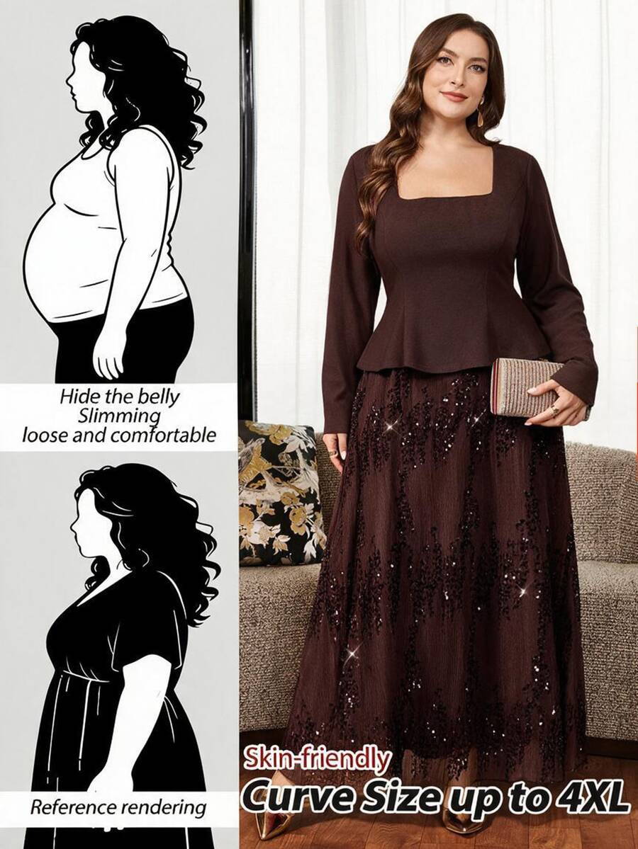 Reflora Plus Size Elegant Party Sequin Patchwork Dress - Brown - View 1
