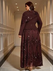Reflora Plus Size Elegant Party Sequin Patchwork Dress - Brown - View 9