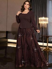 Reflora Plus Size Elegant Party Sequin Patchwork Dress - Brown - View 8