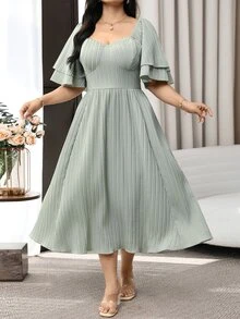 Feyla Plus Size Elegant Solid Color Waist Cinched Dress, Summer - Dusty Blue - View 3