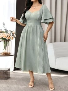Feyla Plus Size Elegant Solid Color Waist Cinched Dress, Summer - Dusty Blue - View 7