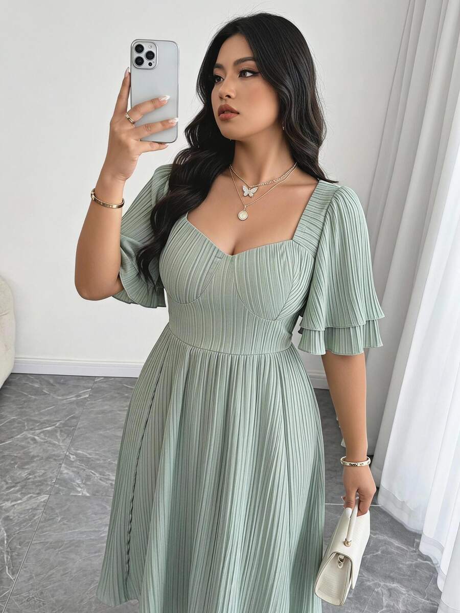 Feyla Plus Size Elegant Solid Color Waist Cinched Dress, Summer - Dusty Blue - View 1