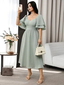 Feyla Plus Size Elegant Solid Color Waist Cinched Dress, Summer - Dusty Blue - View 6