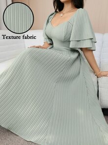 Feyla Plus Size Elegant Solid Color Waist Cinched Dress, Summer - Dusty Blue - View 2