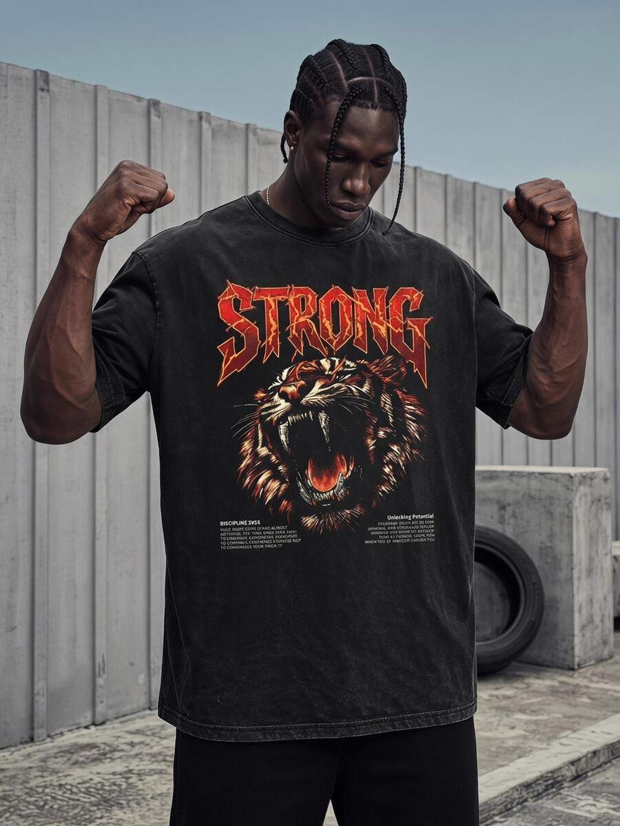Sport MetroGents Men's Tiger Slogan Print Sports Sporty Graphic T-Shirt, Gym Dark Grey Summer - Black - View 1