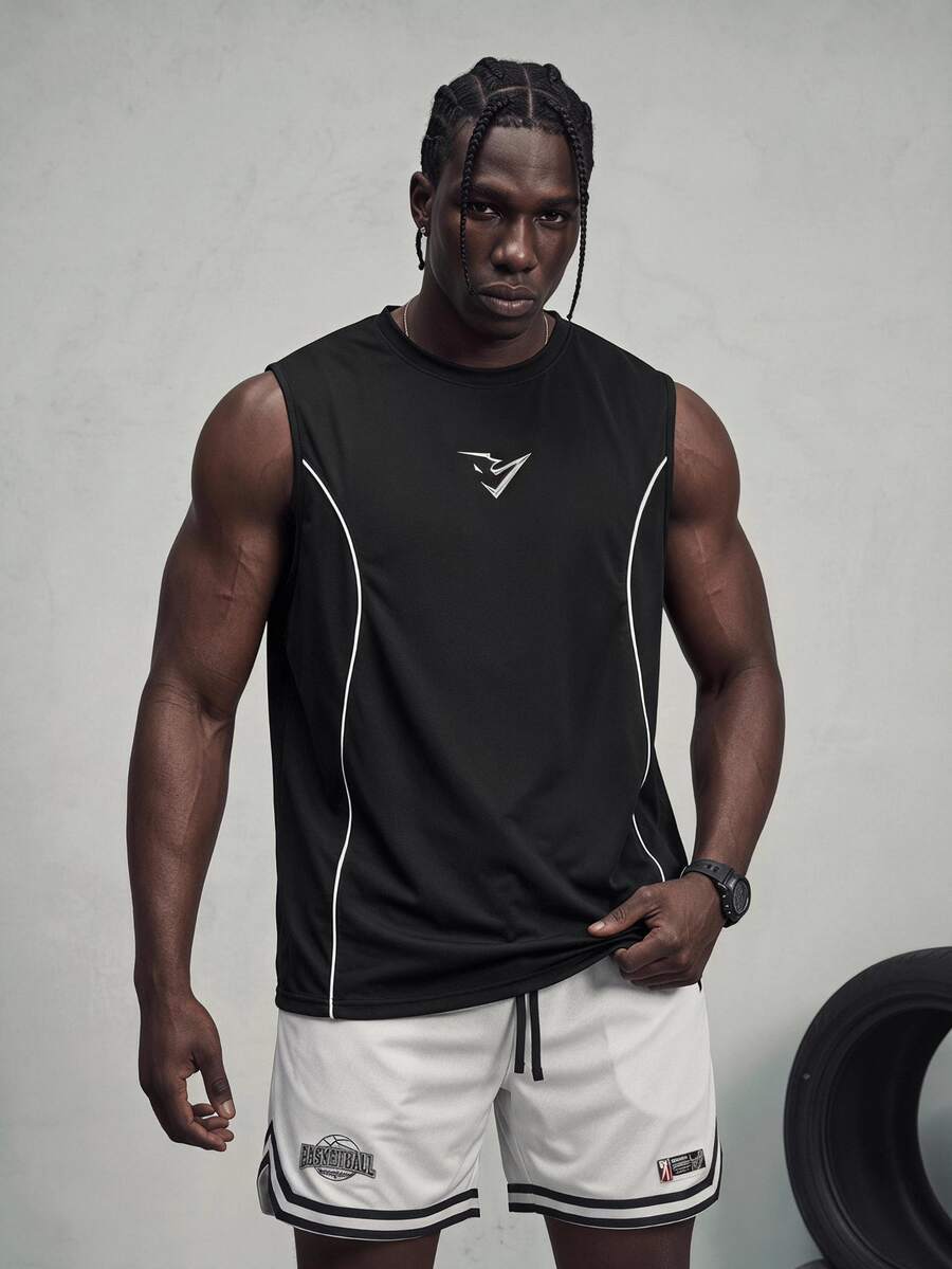 Sport MetroGents Men's Geometric Print Daily Fitness Sports Tank Top, Gym,Outdoor,Running,Workout,Training,Cotton Feel,Soft Touch,Comfort,Men's Gym Tank.Flexible Fit. - Black - View 1