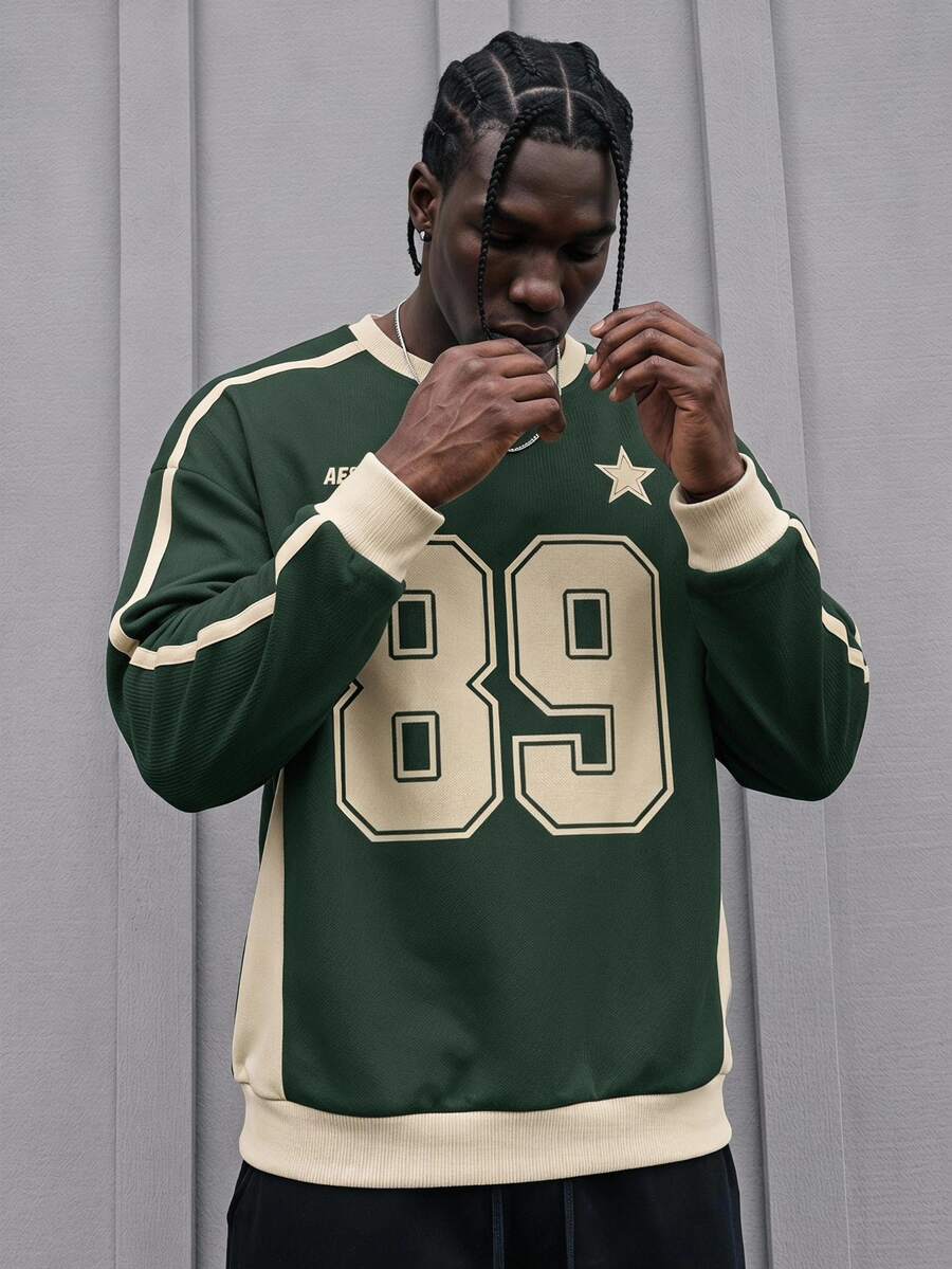 Sport MetroGents Vintage Sport Number 89 Star Print Men Pullover Sweatshirt, Green Cream Raglan Sleeve Side Stripe Design, Loose Drop Shoulder Crew Neck Retro College - Multicolor - View 1