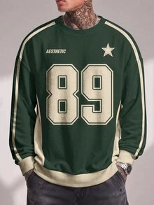 Sport MetroGents Vintage Sport Number 89 Star Print Men Pullover Sweatshirt, Green Cream Raglan Sleeve Side Stripe Design, Loose Drop Shoulder Crew Neck Retro College - Multicolor - View 3