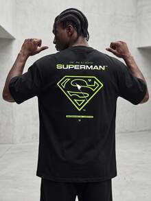 SUPERMAN X SHEIN 男士字母印花休閒日常旅行運動T恤 - 藏蓝色 - 查看 1