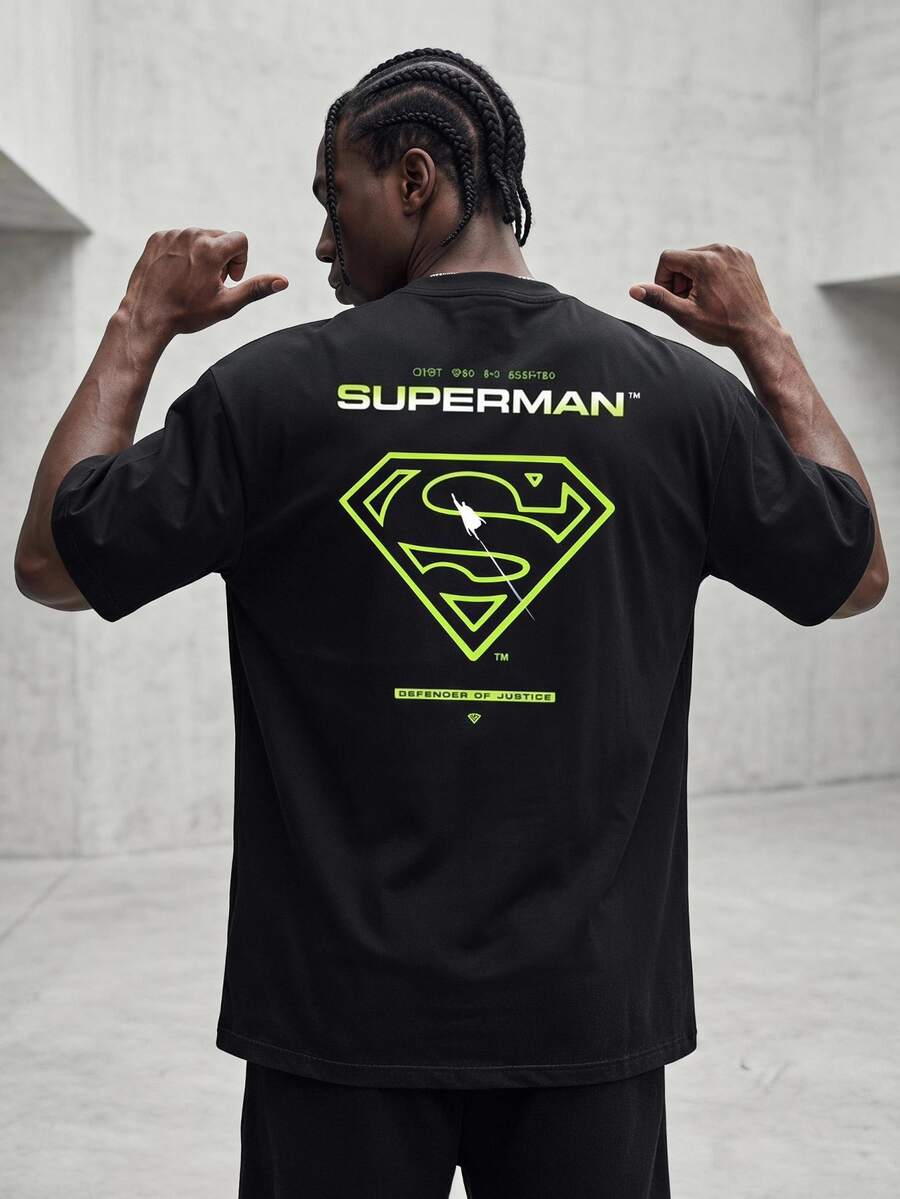 SUPERMAN X SHEIN 男士字母印花休閒日常旅行運動T恤 - 藏蓝色 - 查看 1