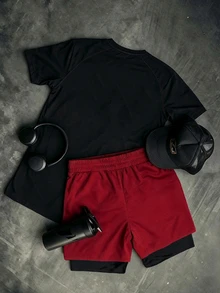Sport MetroGents Men's Barbell Print Short Sleeve Top And Shorts Sports Set, Gym - Black - View 2