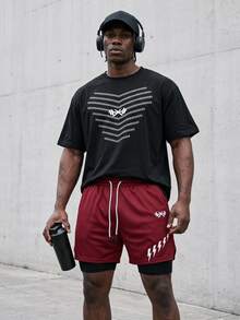 Sport MetroGents Men's Barbell Print Short Sleeve Top And Shorts Sports Set, Gym - Black - View 1