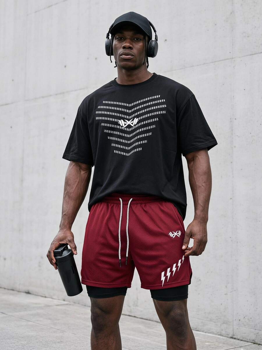 Sport MetroGents Men's Barbell Print Short Sleeve Top And Shorts Sports Set, Gym - Black - View 1