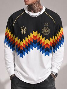 Sport MetroGents Retro Multi-Tone Vertical Stripe Men Pullover Knit Sweatshirt, Knit Textured Dark Green Black Gold Contrast Stripes, Loose Drop Shoulder Crew Neck Vin - Multicolor - View 4