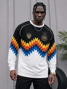 Sport MetroGents Retro Multi-Tone Vertical Stripe Men Pullover Knit Sweatshirt, Knit Textured Dark Green Black Gold Contrast Stripes, Loose Drop Shoulder Crew Neck Vin - Multicolor - View 1