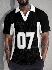 Sport MetroGents Men's Waffle Knit Polo Shirt, Black White Color Block Lapel V Neck Short Sleeve Top, Big Number 07 & Subtle Spider Web Print, Breathable Loose Fit Ret - Multicolor - View 3