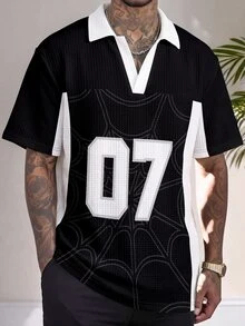 Sport MetroGents Men's Waffle Knit Polo Shirt, Black White Color Block Lapel V Neck Short Sleeve Top, Big Number 07 & Subtle Spider Web Print, Breathable Loose Fit Ret - Multicolor - View 4