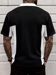 Sport MetroGents Men's Waffle Knit Polo Shirt, Black White Color Block Lapel V Neck Short Sleeve Top, Big Number 07 & Subtle Spider Web Print, Breathable Loose Fit Ret - Multicolor - View 2
