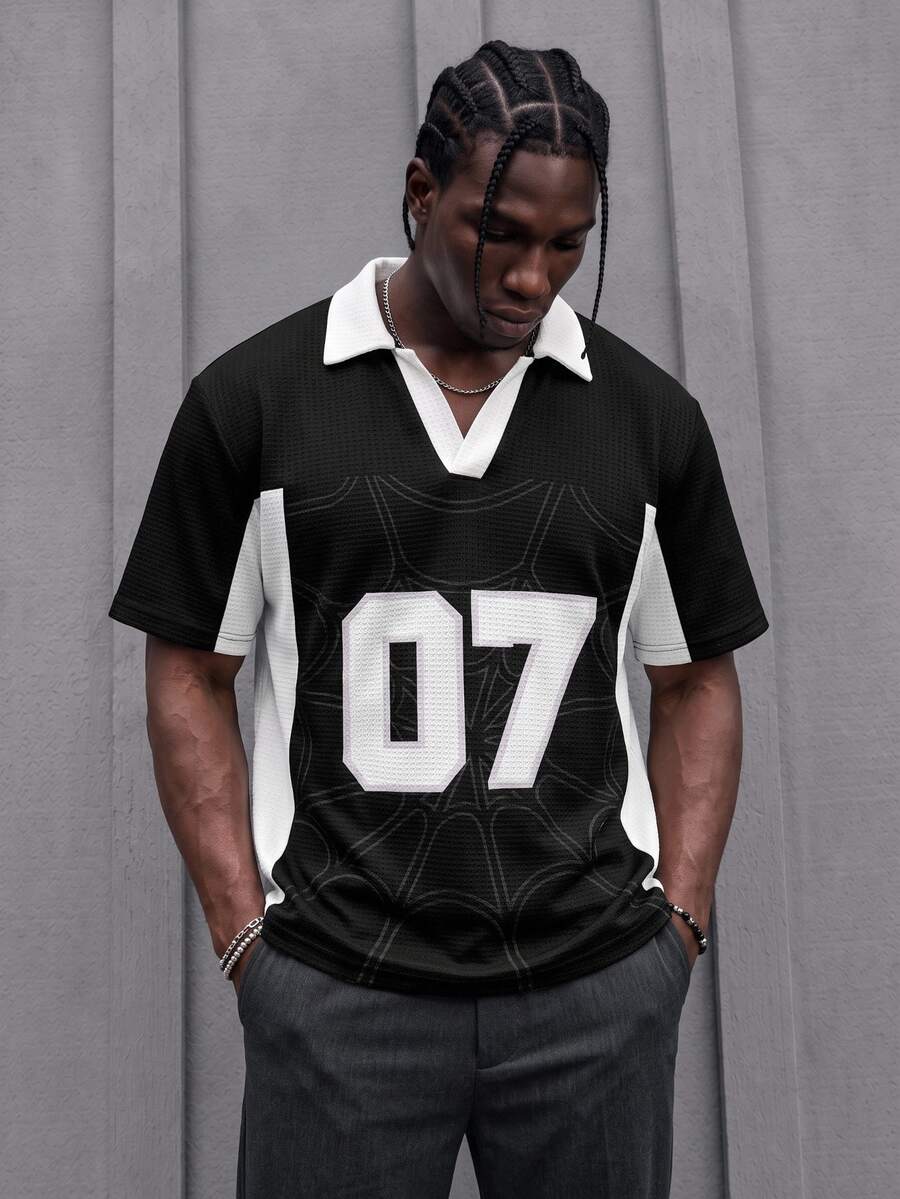 Sport MetroGents Men's Waffle Knit Polo Shirt, Black White Color Block Lapel V Neck Short Sleeve Top, Big Number 07 & Subtle Spider Web Print, Breathable Loose Fit Ret - Multicolor - View 1
