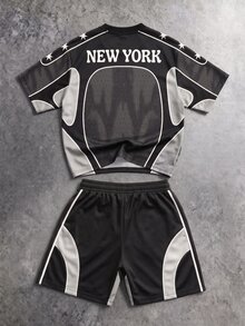Sport MetroGents 男士星條紋印花拼色圓領T恤抽繩腰口袋短褲運動休閒套裝健身運動黑色夏季 - 彩色 - 查看 2