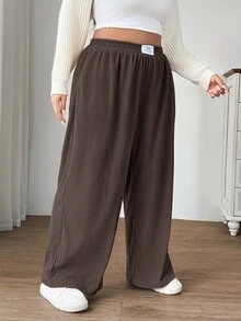 Solavibe Plus Size Women Corduroy High Waist Wide Leg Trousers With Pockets & Patch Design, Suitable For School, Daily Life & Indoor Work, Autumn/Winter - Coffee Brown - View 5