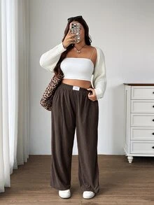 Solavibe Plus Size Women Corduroy High Waist Wide Leg Trousers With Pockets & Patch Design, Suitable For School, Daily Life & Indoor Work, Autumn/Winter - Coffee Brown - View 4
