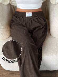 Solavibe Plus Size Women Corduroy High Waist Wide Leg Trousers With Pockets & Patch Design, Suitable For School, Daily Life & Indoor Work, Autumn/Winter - Coffee Brown - View 1