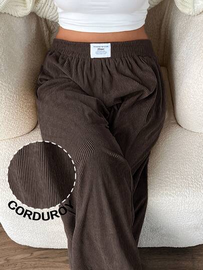 Solavibe Plus Size Women Corduroy High Waist Wide Leg Trousers With Pockets & Patch Design, Suitable For School, Daily Life & Indoor Work, Autumn/Winter