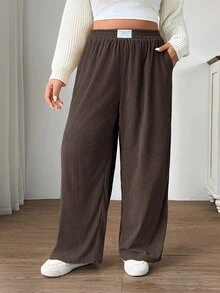 Solavibe Plus Size Women Corduroy High Waist Wide Leg Trousers With Pockets & Patch Design, Suitable For School, Daily Life & Indoor Work, Autumn/Winter - Coffee Brown - View 9