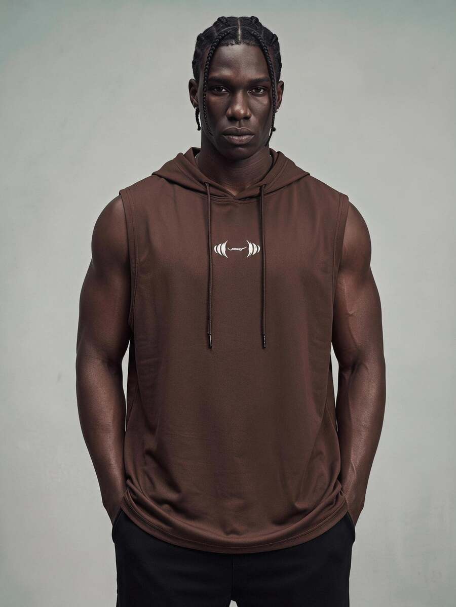 Sport MetroGents 男士印花棕色連帽運動背心,適合跑步與健身 - 棕色 - 查看 1