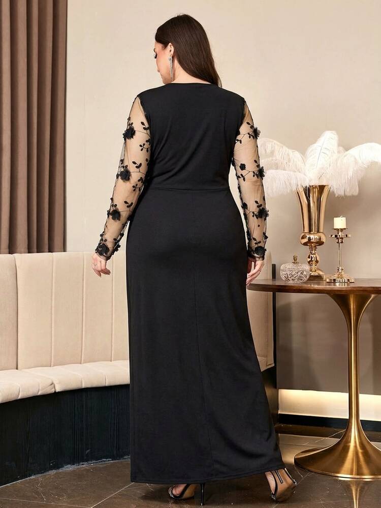 SHEIN Clasi Plus Size Women's Draped Neck Split Hem Dress With Sheer Sleeves And Floral Decor, Cocktail Dinner Formal Party, Wedding, Black Autumn Sexy Elegant - Black - View 4