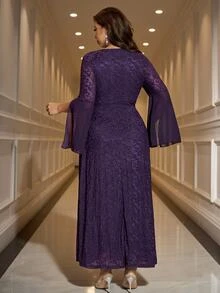 Reflora Plus Split Sleeve Rhinestone Detail Glitter Dress Wedding Formal Dinner Dark Purple Autumn Elegant Casual Wedding - Purple - View 5