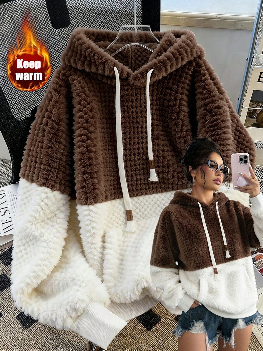 Elenzga 2025 Autumn/Winter Slouchy Casual Daily Wear High-End Design Patchwork Contrast Color Hooded Lamb Fleece Thickened Loose Long Sleeve Sweatshirt Versatile - Coffee Brown - View 1