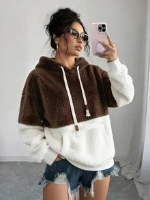 Elenzga 2025 Autumn/Winter Slouchy Casual Daily Wear High-End Design Patchwork Contrast Color Hooded Lamb Fleece Thickened Loose Long Sleeve Sweatshirt Versatile - Coffee Brown - View 2