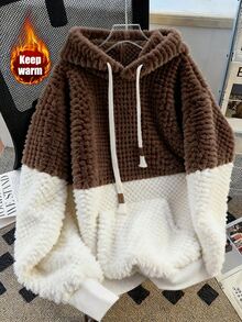 Elenzga 2025 Autumn/Winter Slouchy Casual Daily Wear High-End Design Patchwork Contrast Color Hooded Lamb Fleece Thickened Loose Long Sleeve Sweatshirt Versatile - Coffee Brown - View 4