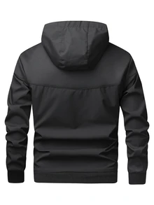 Sport MetroGents Boyfriend Style Men Casual Solid Color Hooded Sports Jacket - Black - View 2