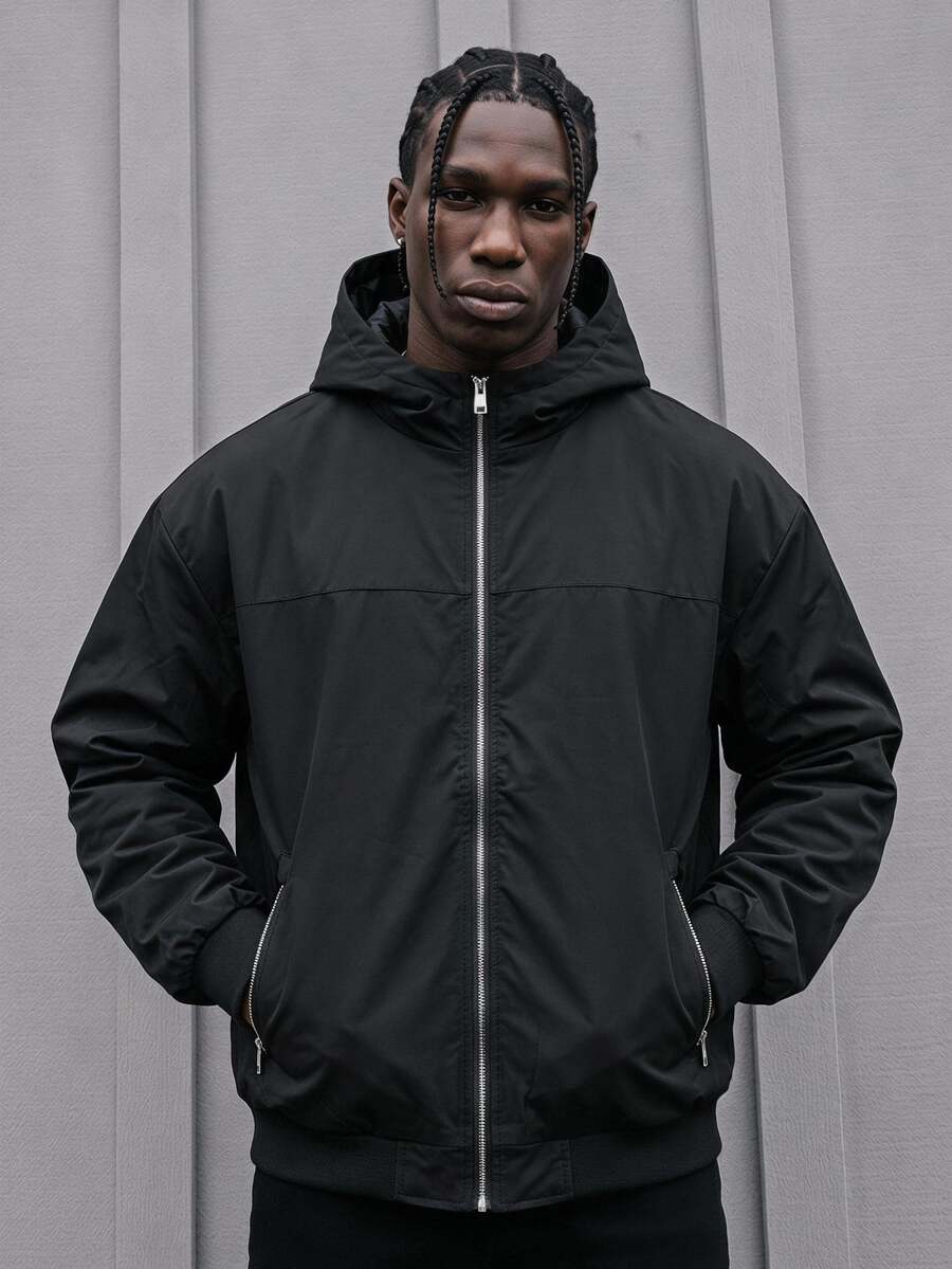 Sport MetroGents Boyfriend Style Men Casual Solid Color Hooded Sports Jacket - Black - View 1