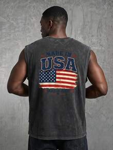 Sport MetroGents Men's American Flag Print Round Neck Sports Tank Top - Dark Grey - View 1