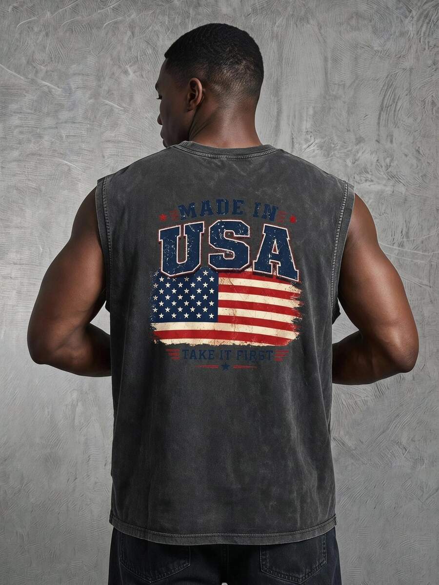 Sport MetroGents Men's American Flag Print Round Neck Sports Tank Top - Dark Grey - View 1