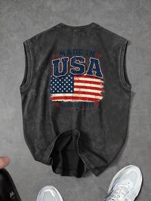 Sport MetroGents Men's American Flag Print Round Neck Sports Tank Top - Dark Grey - View 2