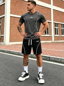 Sport MetroGents Men's Comfortable Sports Outfit Set, Summer Thin American R Logo Striped Short Sleeve T-Shirt And Shorts, Casual Athleisure Gym Workout White Graphic - Grey - View 5