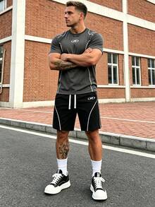 Sport MetroGents Men's Comfortable Sports Outfit Set, Summer Thin American R Logo Striped Short Sleeve T-Shirt And Shorts, Casual Athleisure Gym Workout White Graphic - Grey - View 3