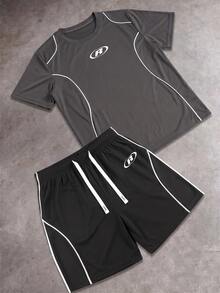Sport MetroGents Men's Comfortable Sports Outfit Set, Summer Thin American R Logo Striped Short Sleeve T-Shirt And Shorts, Casual Athleisure Gym Workout White Graphic - Grey - View 8