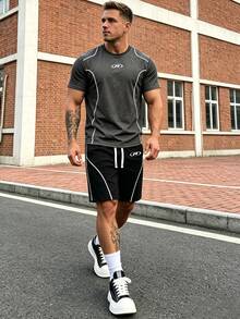 Sport MetroGents Men's Comfortable Sports Outfit Set, Summer Thin American R Logo Striped Short Sleeve T-Shirt And Shorts, Casual Athleisure Gym Workout White Graphic - Grey - View 6