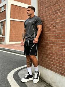 Sport MetroGents Men's Comfortable Sports Outfit Set, Summer Thin American R Logo Striped Short Sleeve T-Shirt And Shorts, Casual Athleisure Gym Workout White Graphic - Grey - View 4