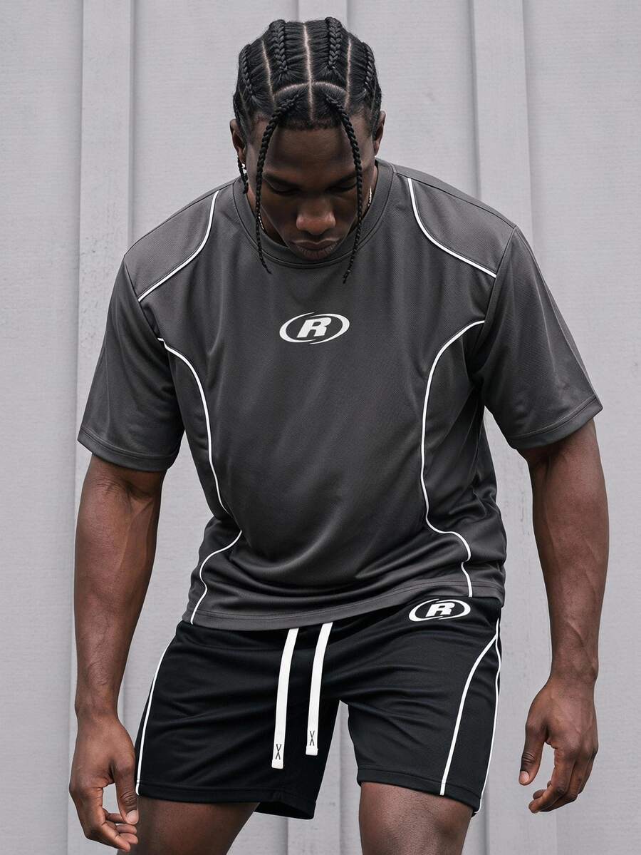 Sport MetroGents Men's Comfortable Sports Outfit Set, Summer Thin American R Logo Striped Short Sleeve T-Shirt And Shorts, Casual Athleisure Gym Workout White Graphic - Grey - View 1